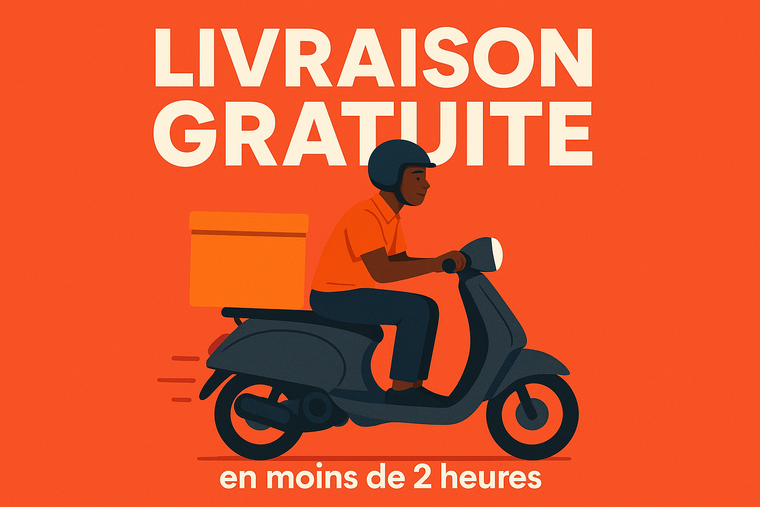 livraison gratuite en grand texte en blanc avec un dessin d'un livreur noir sur un moto en bas un texte en moins de 2heures 